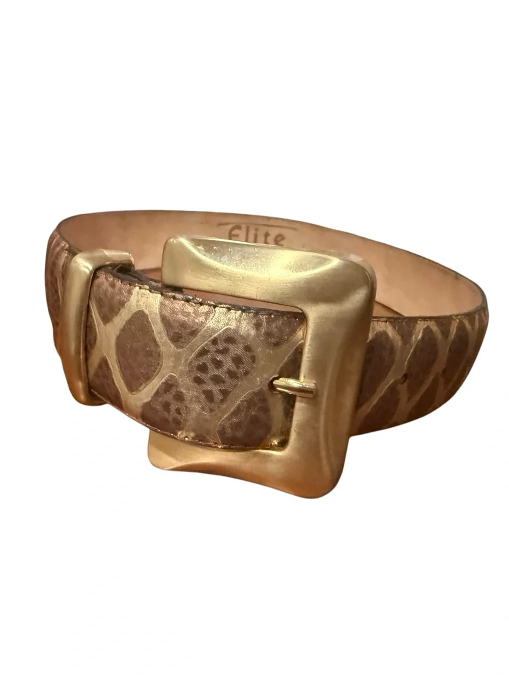 Vintage Elite Gold Animal Print Leather Statement Belt Oversized Buckle Small